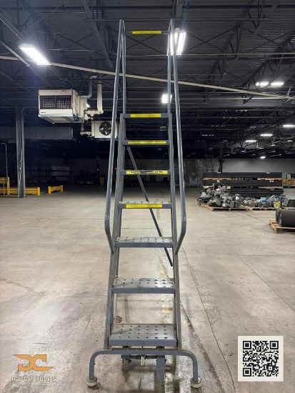(1) Industrial Rolling Safety Ladder | 7-Step Steel Warehouse Ladder with Handrails & Casters