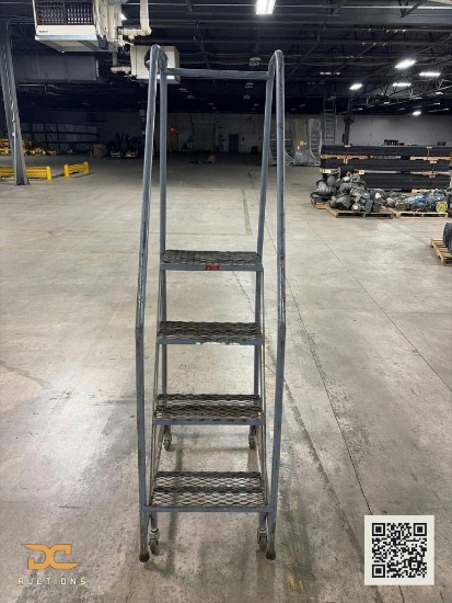 (1) Industrial Rolling Safety Ladder | 4-Step Steel Warehouse Ladder with Handrails