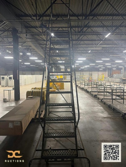 (1) Rolling Warehouse Ladder | Tall Steel Mobile Step Ladder with Handrails