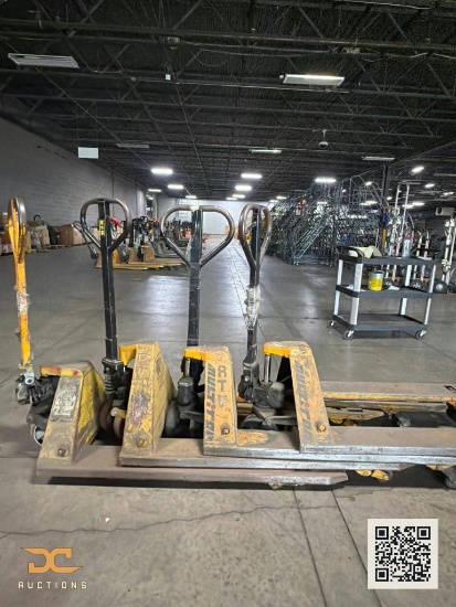 (4) Manual Pallet Jacks Lot of 4, Yellow Steel, Warehouse Ready