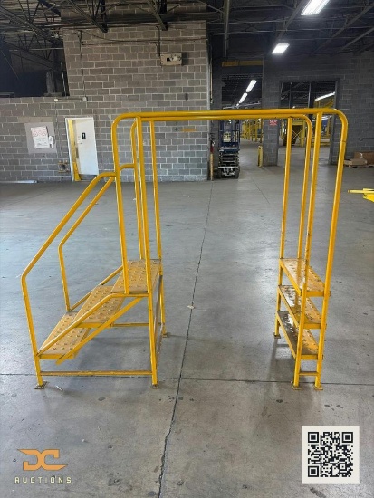 (1) Yellow Steel Industrial Crossover Safety Staircase / Over-Conveyor Bridge with Handrails &