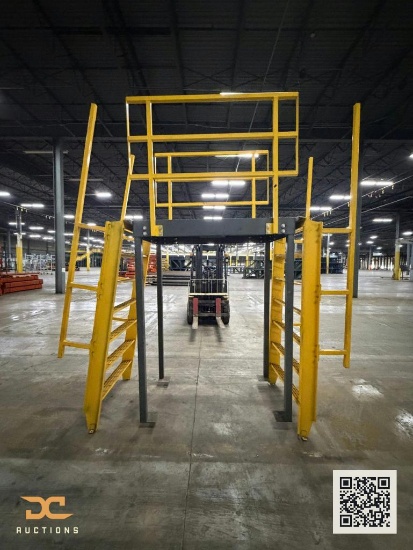 (1) Industrial Mezzanine Crossover Staircase with Safety Handrails Yellow Steel, Dual Access