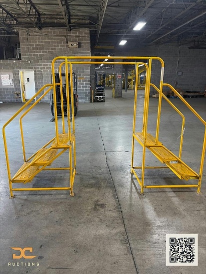 (1) Industrial Steel Crossover Stairs | Yellow Safety Handrails & Grated Steps