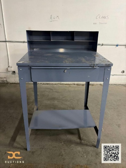 (4) Steel Industrial Shop Desk with Riser Shelf, Locking Drawer & Lower Shelf Gray