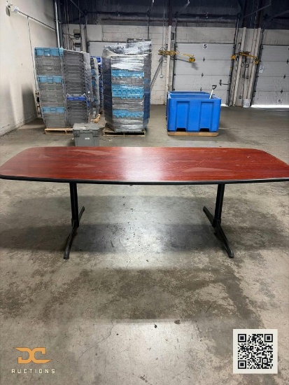 (1) Boat-Shape Conference Table | Cherry Laminate Top, Black Metal Pedestal Base