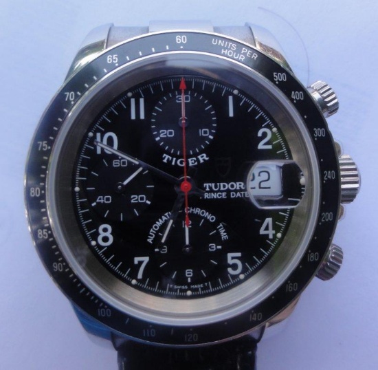 Tudor Prince "Tiger" Chronograph Mens Watch. Black Face, Black Leather Band