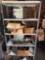 Metal Shelf & Contents - Weaving Shuttles, Candle Stick Phone, Burner,