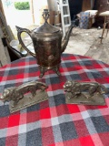 Meriden Teapot and Pewter Lion Bookends