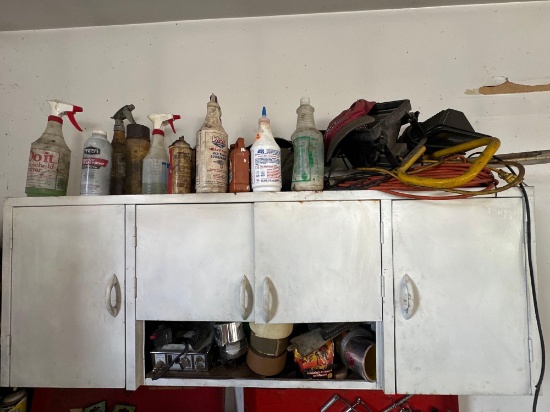 Garage Cabinet FULL of Misc - Extension Cord, Lights, CBs, Tapes, Cleaners
