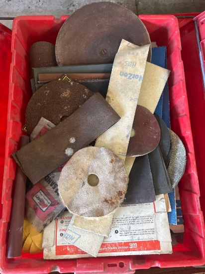Tote Full of Sandpaper & Pneumatic Board Sander