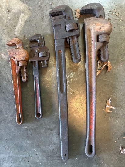 4 Pipe Wrenches - 2 Large Are Rigid
