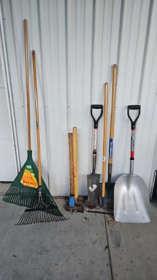 Stick tools, leaf rakes, scoop shovel,