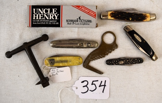 5 Pocket knives, board thickness measure, bench dog