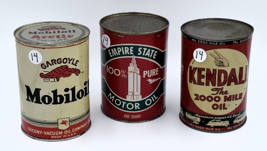 (3) 1 qt oil cans- Empire State, Kendall, Mobile