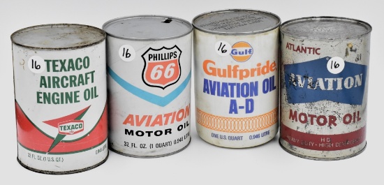 (4) 1 qt aircraft oil cans- Gulf, Texaco,