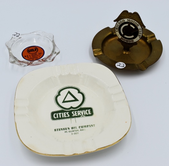 3 Ashtrays- Cities Service, Gulf, Chicago Motor