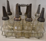 (8) 1 Quart glass oil bottles with carrier