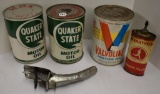 (2) Quaker State oil cans, Valvoline oil can,