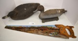 Duck decoys and hand painted saw with Model A