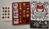 3 Cards celluloid w/wood, miniature buttons,
