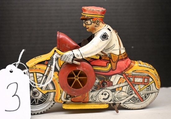 Marx windup police tin motorcycle w/side car