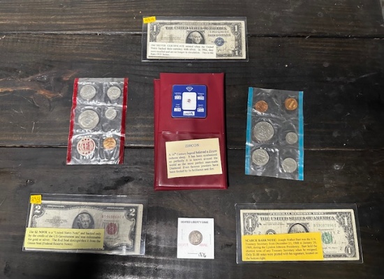 RARE SILVER CERTIFICATES, $2, RARE 1876 SEATED LIBERTY DIME, UNCIRCULATED COINS AND ZIRCON STONE