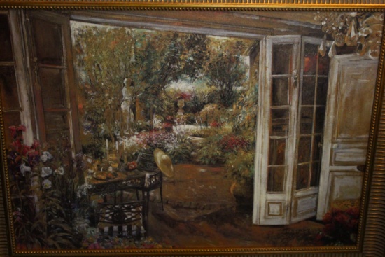 Garden Through the French Doors, Impressionist Oil on Canvas