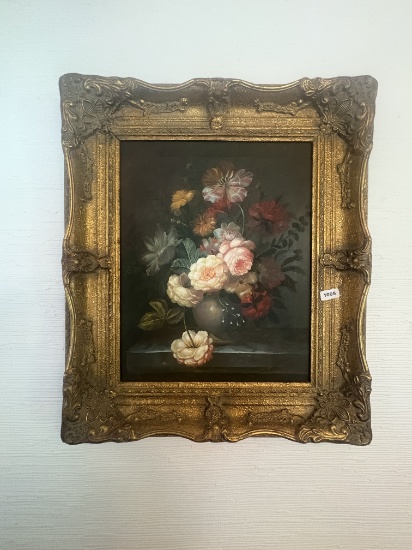 Dutch-Style Floral Still Life, Oil on Canvas in Gilt Frame