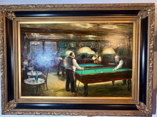 The Billiard Room, Large-Scale Oil on Canvas in Giltwood Frame
