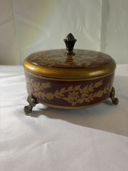 Gilded Floral Lidded Trinket Box with Finial & Claw Feet