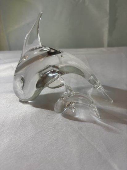 Hand-Blown Crystal Dolphin Sculpture – Mother & Calf in Motion
