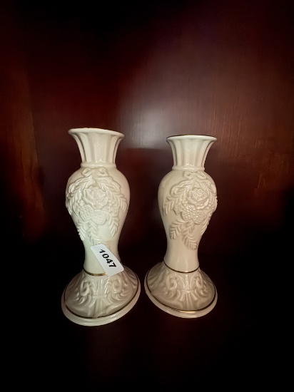 Pair of Ivory Glazed Porcelain Pedestal Vases with Embossed Floral Motifs