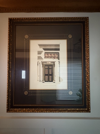 Framed Architectural Engraving: Neoclassical Door with Shell Motif and Decorative Cornice