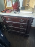 Ornately Carved Mahogany Dresser Chest with Floral Rosettes and Beaded Trim
