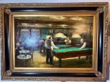 The Billiard Room, Large-Scale Oil on Canvas in Giltwood Frame
