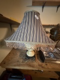 Ornate Vintage-Inspired Table Lamp with Striped Shade and Beaded Fringe