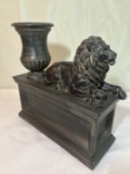 Impressive Cast Iron-Style Garden Sculpture – Regal Lion with Classical Urn on Paneled Plinth