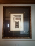 Framed Architectural Engraving: Neoclassical Door with Shell Motif and Decorative Cornice