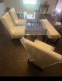 Contemporary Modern Glass Dining Table with Six Upholstered Chairs and Coordinating Bench