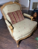 Louis XV-Style Carved Fauteuil with Gingham & Floral Upholstery – French Country Elegance