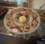 Antique Gilded Art Glass Plate with Three Embellished Orbs