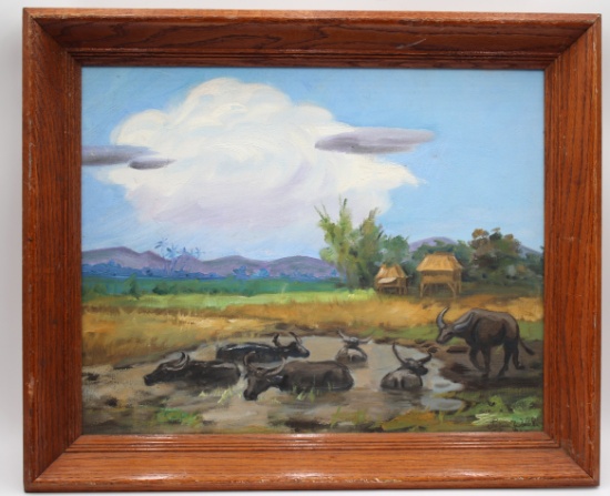 Framed animal landscape painting, signed by the artist L. Welch.