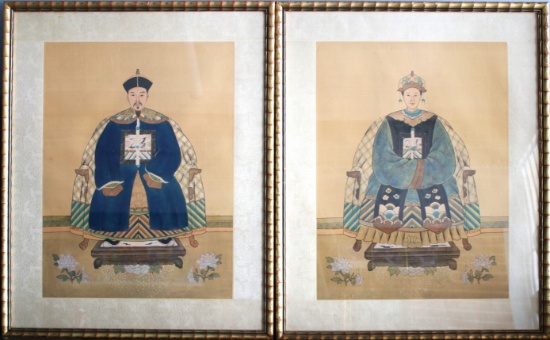 A pair of framed Chinese Ancestor Portraits of a Emperor and Empress