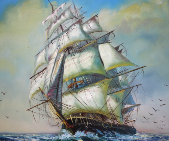 Large Oil On Canvas Battle Ship Maritime Painting. Signed "Johns".