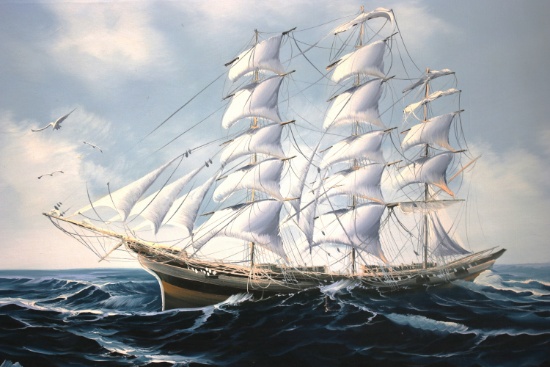 Sailing Clipper Ship Oil on Canvas painting. Signed by the artst Ernest Haskell as: "K. Haskell"