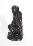 Antique Chinese Carved Wood Figure Of A Sitting Man In A Robe Holding A Bowl 19th Cent