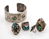 Set Of 4 Sterling Silver Rings & Bracelet, Native American Design