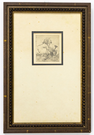 Antique Etching with Frame, Signed "H.R."