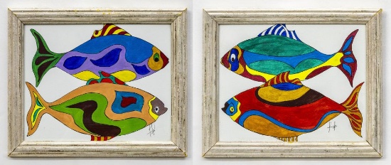 Fito. Pair of Framed Colorful Fish Paintings, Mixed Media on Paper