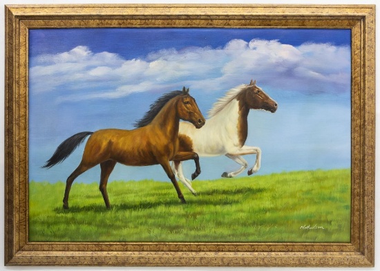 M. Hudson, Running Horses, Oil on canvas